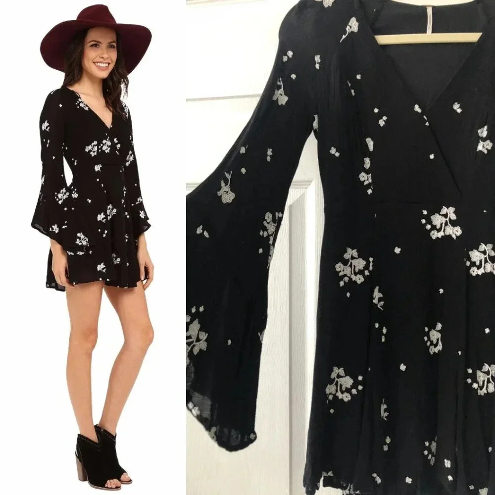 FREE‎ PEOPLE Black Embroidered Mini Dress